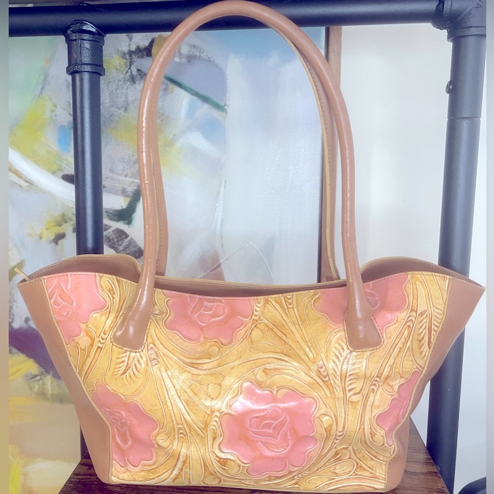 Elle Cieffe Firenze Leather Handbag Camel Tooled Pink Floral Tote Made in Italy